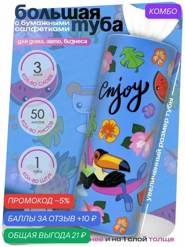 Салфетки бумажные в тубе тукан для автомобиля, для колясок, 3 слоя, 50 шт/уп, KIMRIK — Kimrik, промокод и 10 баллов за отзыв Яндекс Маркет