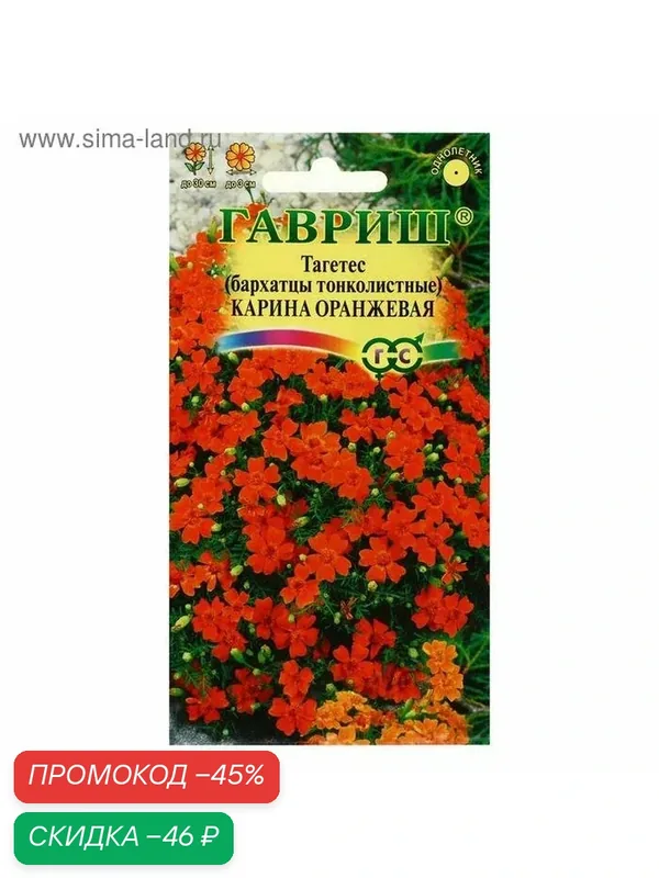 Семена цветов Бархатцы «Карина оранжевая », ц/п, тонколистные, 0.05 г — Гавриш, скидка по промокоду Яндекс Маркет