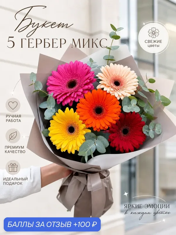 Букет цветов 5 гербер микс с эвкалиптом с доставкой за 1 час, живые цветы премиум, монобукет — Цветочки, 100 баллов за отзыв Яндекс Маркет
