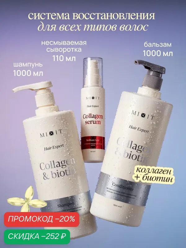 Набор для восстановления волос MIXIT шампунь, бальзам и сыворотка с биотином — MIXIT, скидка по промокоду Яндекс Маркет