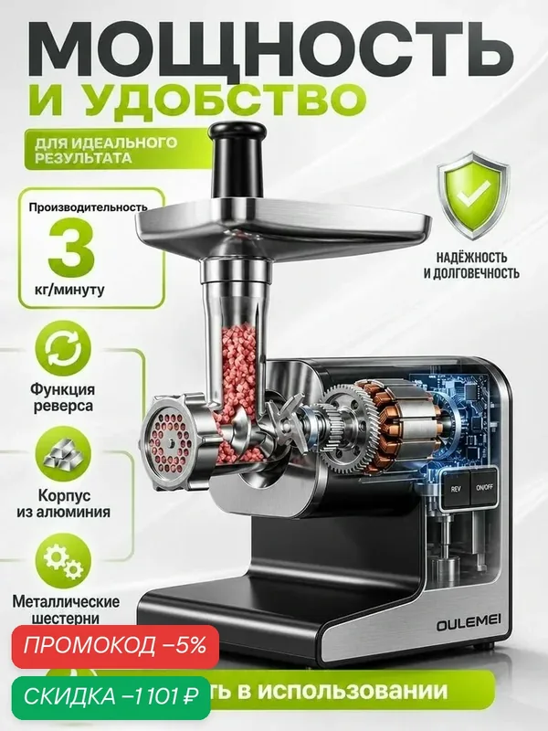 Мясорубка электрическая 1600 Вт, мощная с 7 насадками, профессиональная электро мясорубка — скидка по промокоду Яндекс Маркет