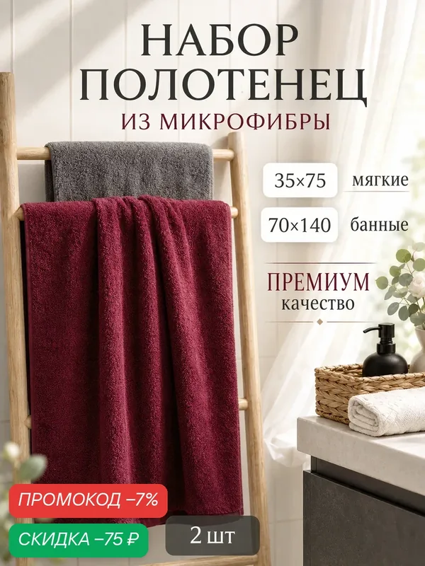 Полотенце банное набор 2 шт Павлина 70х140 и 35х75 см, из микрофибры, винный-графит — скидка по промокоду Яндекс Маркет