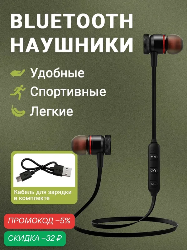 Наушники беспроводные Bluetooth с микрофоном и кнопкой управления, магнитные, спортивные, игровая гарнитура для телефона, черные — AMFOX, скидка по промокоду Яндекс Маркет