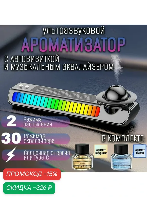 Ароматизатор в авто с музыкальным эквалайзером и автовизиткой на солнечной батарее "Планета" — скидка по промокоду Яндекс Маркет