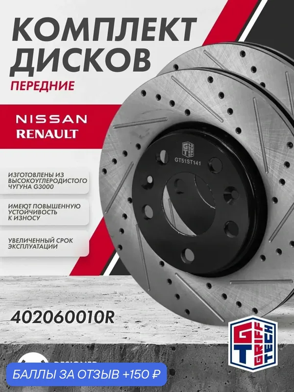 Диск тормозной 2 ШТ GRIFF TECH Ниссан Терано Рено Дастер Каптюр Аркана с ABS передний 402060010R — Griff Tech, 150 баллов за отзыв Яндекс Маркет