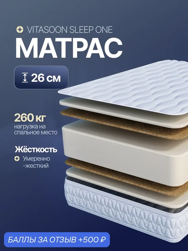 Матрас 200x190 беспружинный высота 26 см Vitasoon Sleep One двуспальный — VitaSoon, скидка по промокоду Яндекс Маркет