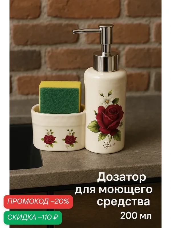 Дозатор для моющего средства с подставкой для губки Доляна «Роза», 200 мл, с губкой — Доляна, скидка по промокоду Яндекс Маркет