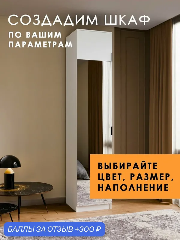 Шкаф распашной Лайт-М-1А, 30х50х250 см, с зеркалом, для одежды и вещей, однодверный, шкаф-пенал высокий, с антресолью, с полками и вешалкой, белый — 300 баллов за отзыв Яндекс Маркет