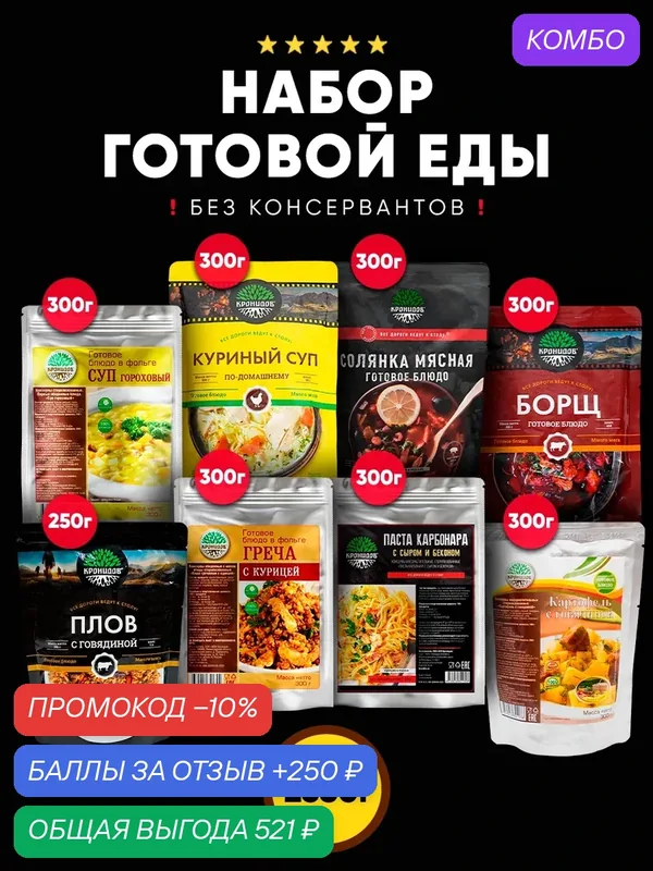 Набор из 8 готовых блюд Кронидов: Картофель с говядиной/ Курица с гречей/ Паста Карбонара/ Плов с говядиной/ Суп гороховый/ Куриный суп/ Солянка/ Борщ. Готовая еда — Кронидов, промокод и 250 баллов за отзыв Яндекс Маркет