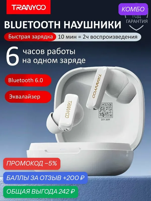 Новейшие беспроводные наушники TRANYOO с возможностью настройки эквалайзера для Айфон и Андройд — Tranyoo, промокод и 200 баллов за отзыв Яндекс Маркет