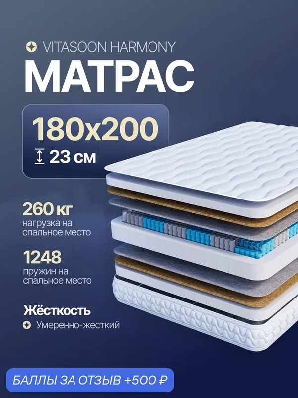 Матрас 180х200 ортопедический пружинный высота 23 см Vitasoon Harmony двуспальный — VitaSoon, 500 баллов за отзыв Яндекс Маркет