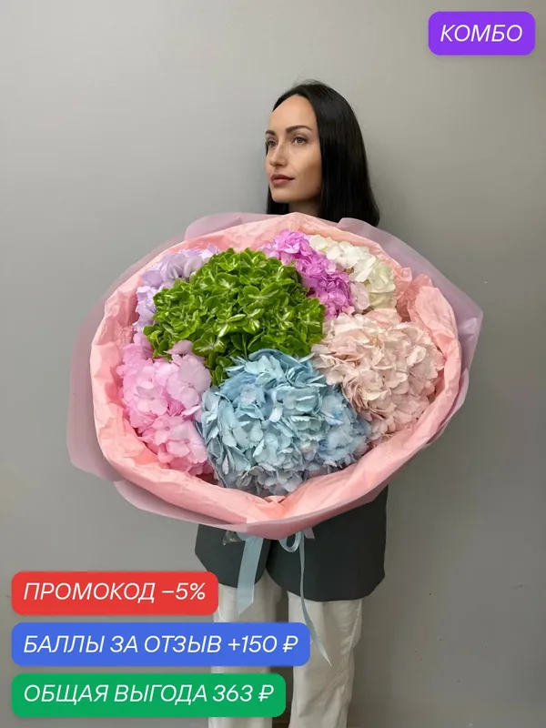 Букет нежный с разноцветной розовой, голубой, фиолетовой гортензией, высотой 40 см (7) — Сады Любви, промокод и 150 баллов за отзыв Яндекс Маркет