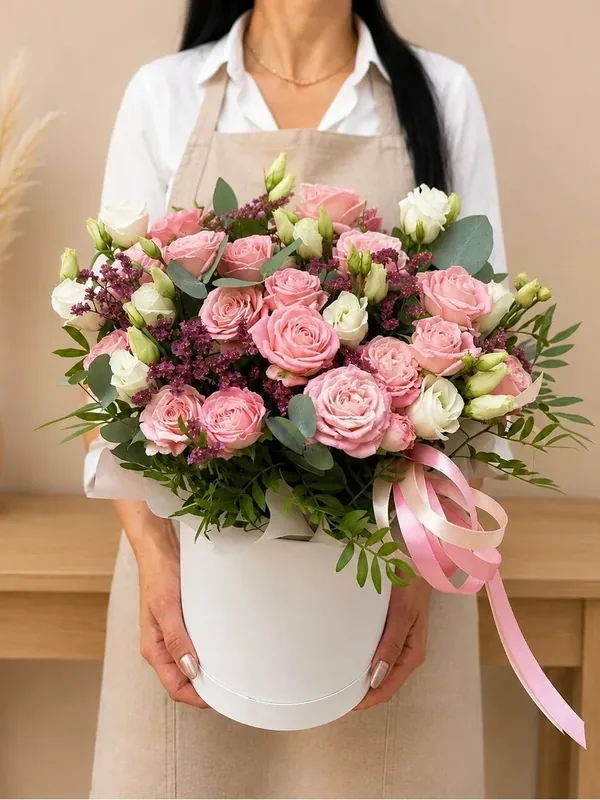 Цветочная композиция из живых кустовых роз и эустом в коробке — Ок!ЦветОк!, 150 баллов за отзыв Яндекс Маркет
