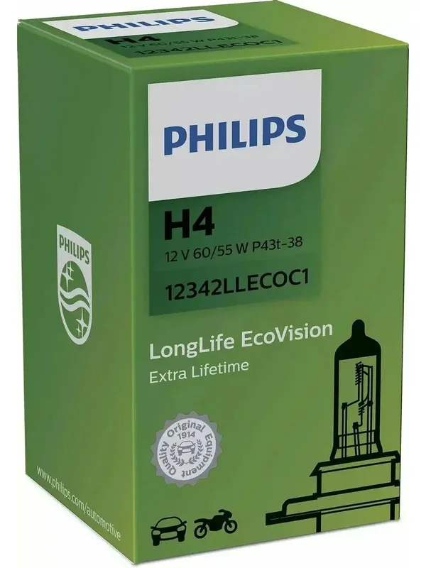 Лампа автомобильная галогенная Philips LongLife EcoVision 12342LLECOC1 H4 60/55W P43t-38 1 шт. — Philips, 100 баллов за отзыв Яндекс Маркет