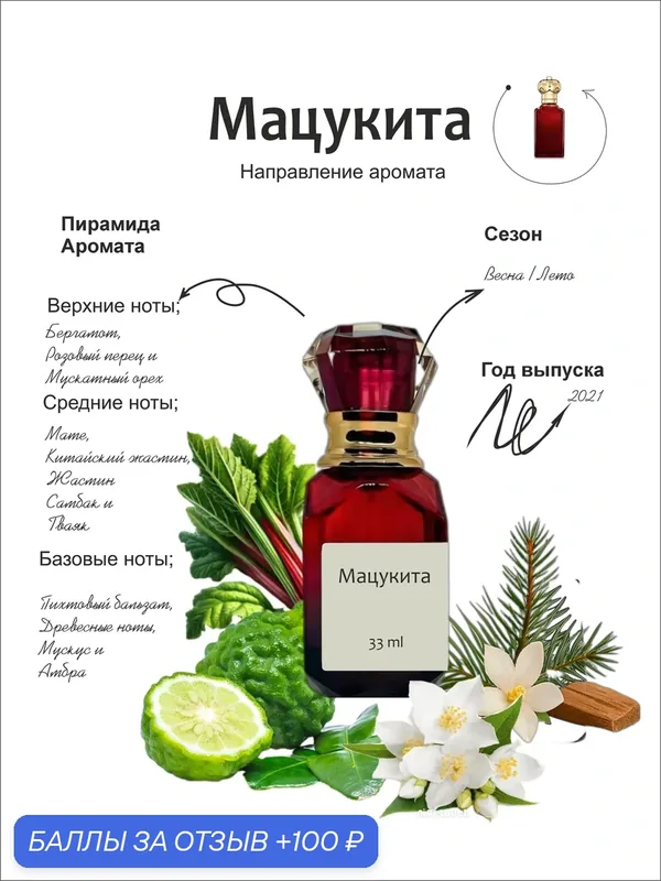 Духи "Мацукито", 33 мл, унисекс, мускатный орех/мате/китайский жасмин/жасмин самбак/амбра — 100 баллов за отзыв Яндекс Маркет