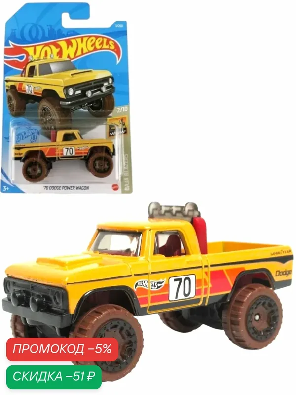 Машинка Hot Wheels Dodge Power Wagon, коллекционная, метал/пластик, 1/64 длина 7 см — скидка по промокоду Яндекс Маркет