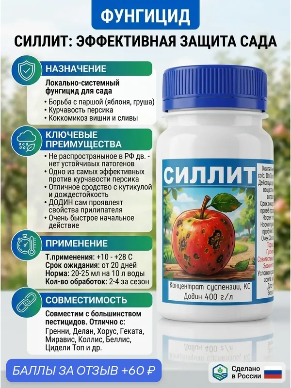 Силлит, локально-системный фунгицид для сада. Для борьбы с паршой, курчавостью персика и коккомикозом вишни и сливы, 40 мл — 60 баллов за отзыв Яндекс Маркет