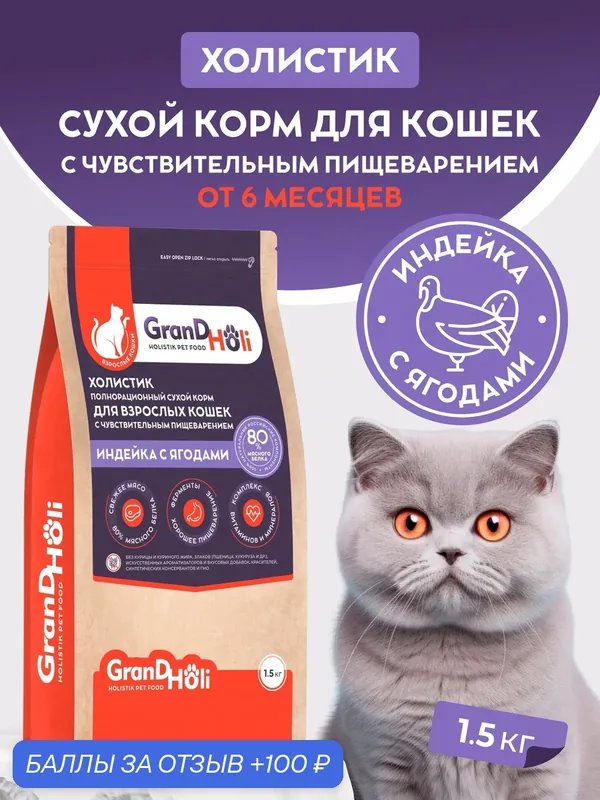 Корм для кошек сухой GRANDHOLI с чувствительным пищеварением, холистик "Индейка с ягодами" 1, 5кг — GRANDHOLI, 100 баллов за отзыв Яндекс Маркет