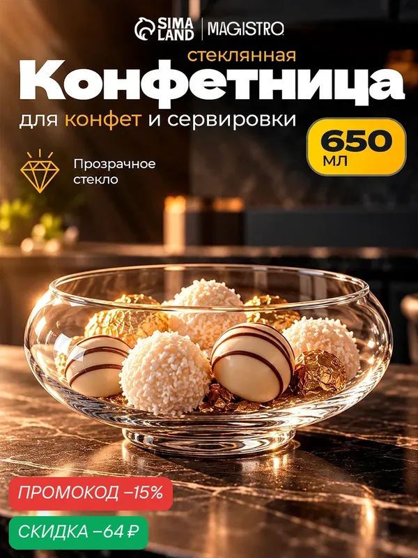 Конфетница Magistro «НЛО», 650 мл, 15, 5×7 см, стекло, прозрачная — Magistro, скидка по промокоду Яндекс Маркет