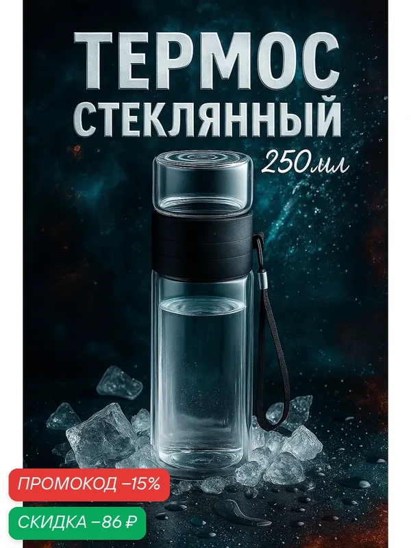 Термос стеклянный, заварник чайный «На ходу», 250 мл, h=19 см, с двойными стенками — SKYPHOS, скидка по промокоду Яндекс Маркет