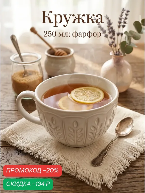 Кружка для чая и кофе «Колос», 13×10×6 см, фарфор, цвет молочный — Сима-ленд, скидка по промокоду Яндекс Маркет