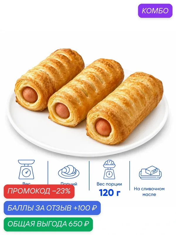 Слойка с сосиской, замороженная, для выпекания, 36 шт. по 120 г. (4320 г.) — Dessert Fantasy, 100 баллов за отзыв Яндекс Маркет
