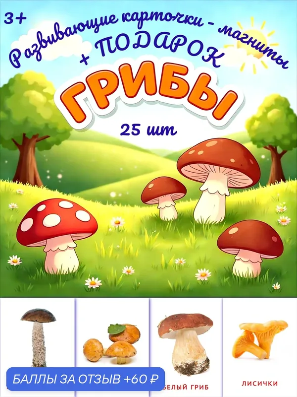 Развивающие карточки-магниты "грибы", для обучения детей 3- 6 лет от "фабрики магнитных ИГР", магнитный винил, 25 шт. — ФАБРИКА МАГНИТНЫХ ИГР, 60 баллов за отзыв Яндекс Маркет
