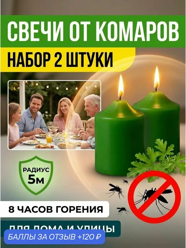 Свечи от комаров и мошек уличные и для дома с ароматом цитронеллы — 120 баллов за отзыв Яндекс Маркет