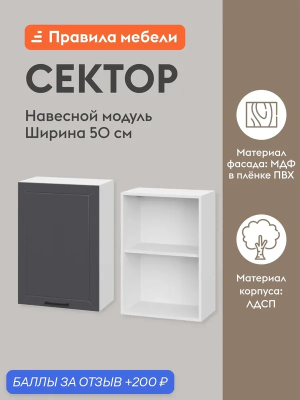 Кухонный модуль навесной, шкаф Сектор с доводчиками, с полками, 50х29.6х72 см, Белый / Графит — Правила мебели, 200 баллов за отзыв Яндекс Маркет