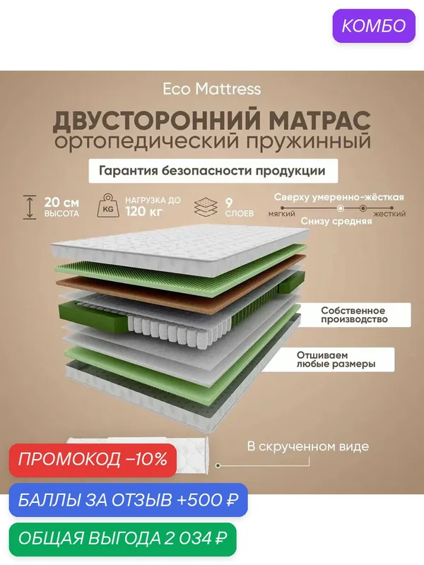 Матрас 90x190 пружинный 20 см разная жесткость Eco Mattress M12Sk односпальный в рулоне — Eco Mattress, промокод и 500 баллов за отзыв Яндекс Маркет