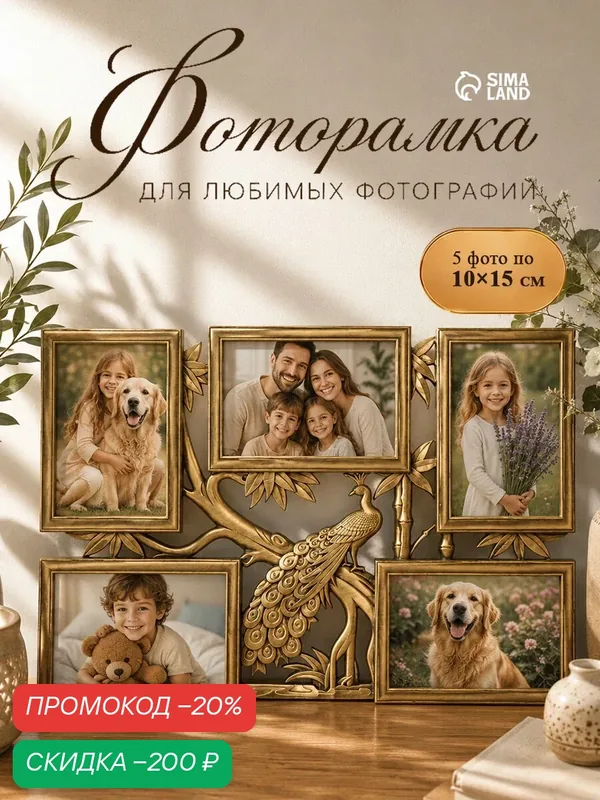Фоторамка-коллаж на 5 фото 10×15 см "Павлин на дереве" размер 32×46 см, цвет золотистый — Сима-ленд, скидка по промокоду Яндекс Маркет