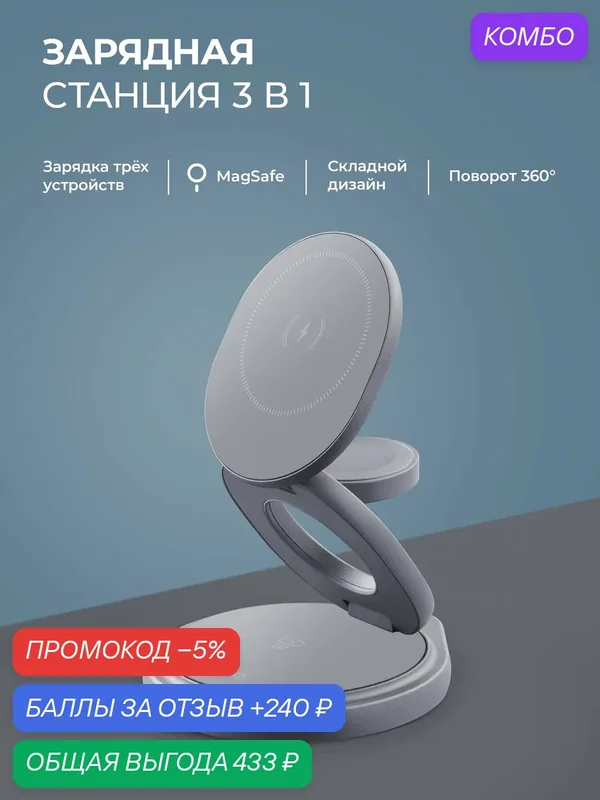 Беспроводная зарядная станция 22Вт 3 в 1 магнитный Rotation QI складная, графит, Deppa 23161 — Deppa, промокод и 240 баллов за отзыв Яндекс Маркет