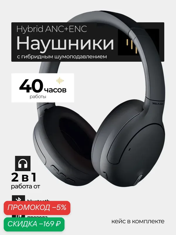 Наушники беспроводные большие накладные с шумоподавлением ANC, Bluetooth 6.0, до 40 часов работы, цвет черный — WALKER, скидка по промокоду Яндекс Маркет