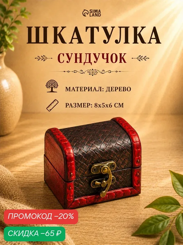 Шкатулка для украшений «Сундучок. Плетенка », дерево, 6×5×8 см — Сима-ленд, скидка по промокоду Яндекс Маркет