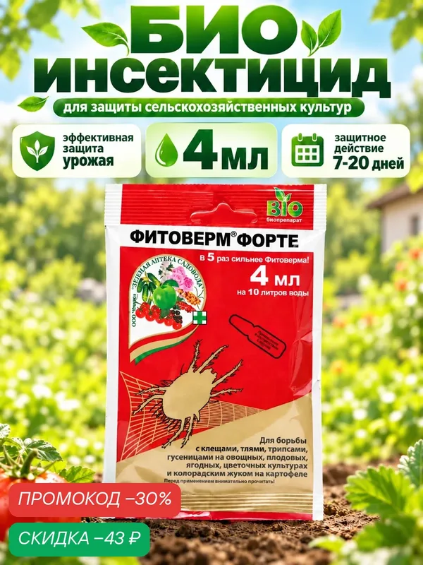 БИО инсектицид "фитоверм-форте", от вредителей растений, пластиковая ампула 4 мл — Зеленая Аптека Садовода, скидка по промокоду Яндекс Маркет