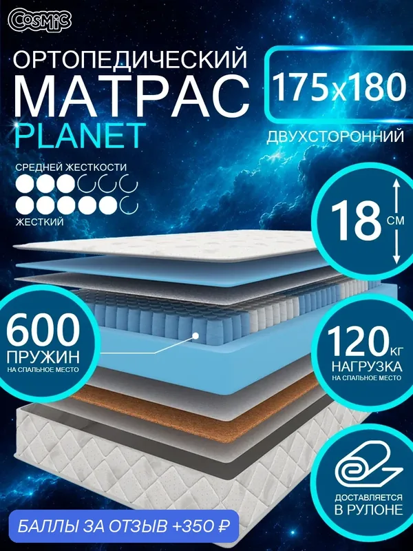 Матрас Cosmic Planet 175x180 см, пружинный, 2 степени жёсткости, высота 18 см, анатомическая поддержка — Cosmic, 350 баллов за отзыв Яндекс Маркет