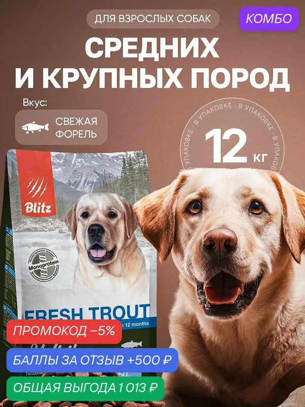 Сухой корм Blitz Holistic, для средних и крупных пород собак, со свежей форелью, 12 кг — Blitz, промокод и 500 баллов за отзыв Яндекс Маркет