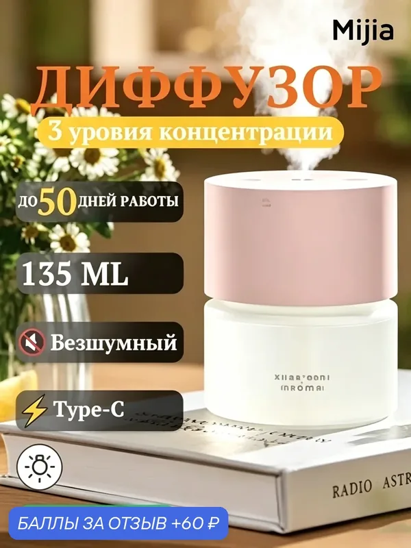 Автоматический арома‑диффузор Mijia Аромадиффузор 2, белый набор, прерывистое распыление — Mijia, 60 баллов за отзыв Яндекс Маркет