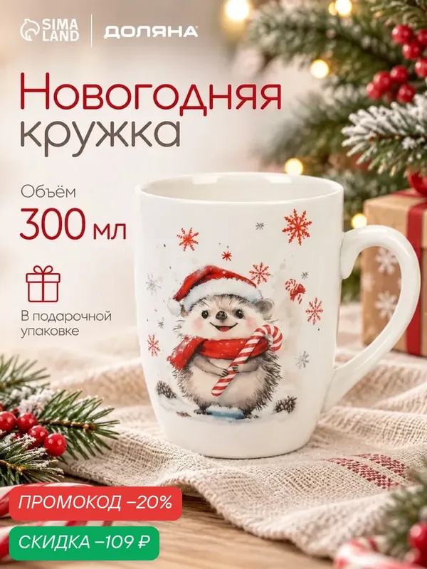 Кружка новогодняя Доляна «Зимний друг», 300 мл, фарфор, белая — Доляна, скидка по промокоду Яндекс Маркет