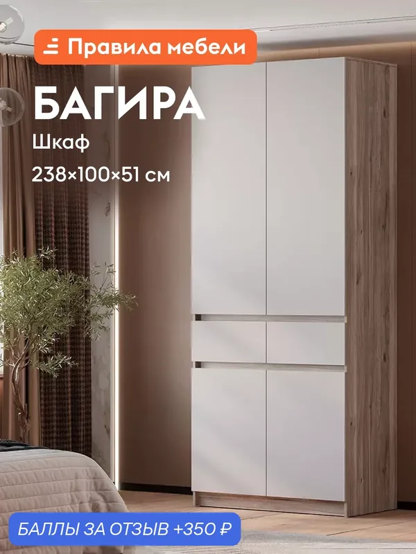 Распашной шкаф для одежды и хранения вещей Багира с полками, с ящиками, со штангой для одежды, 100.2х51х238.4 см, Дуб Смоки / Кашемир — Правила мебели, 350 баллов за отзыв Яндекс Маркет