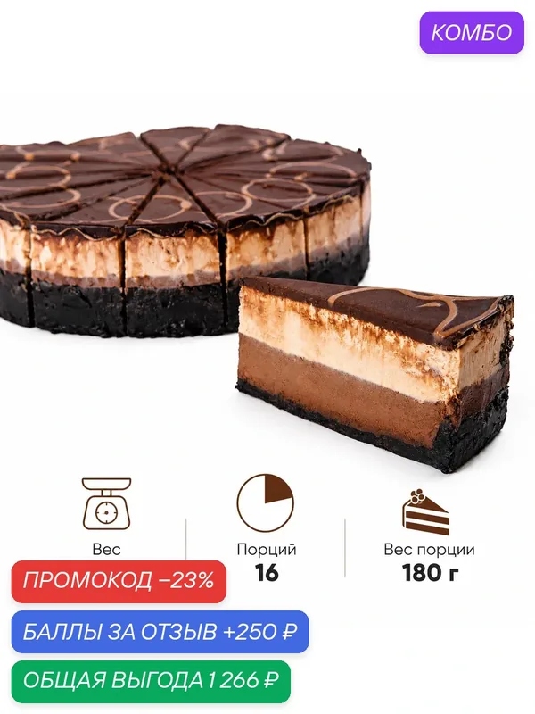 Чизкейк Dessert Fantasy "Три шоколада" (Black Jack), 16 порций по 180 г. (2880 г.) — Dessert Fantasy, промокод и 250 баллов за отзыв Яндекс Маркет