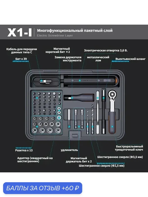 Комбинированный набор инструментов JIMIHOME X1-I многофункциональный с 13 насадками 3.6V для дома и ремонта — JIMIHOME, 60 баллов за отзыв Яндекс Маркет