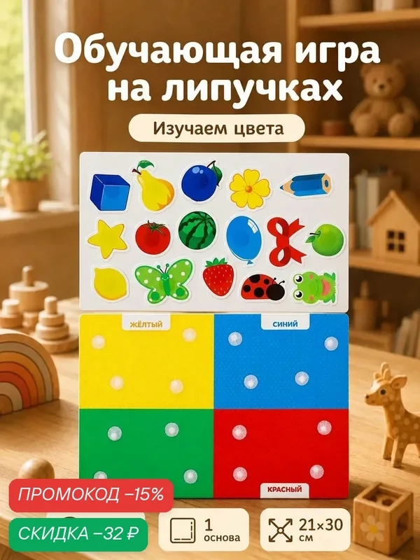 Игра развивающая на липучках Веселые липучки "Цвета", 1 поле 21х30 см, 16 липучек — Веселые липучки, скидка по промокоду Яндекс Маркет