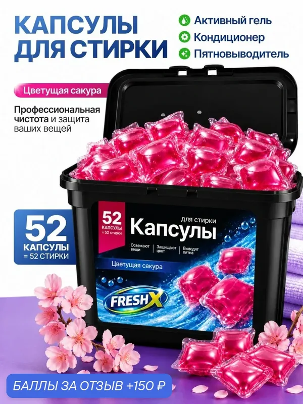 Капсулы для стирки белья FRESH X, Цветущая Сакура, 52 шт — 150 баллов за отзыв Яндекс Маркет