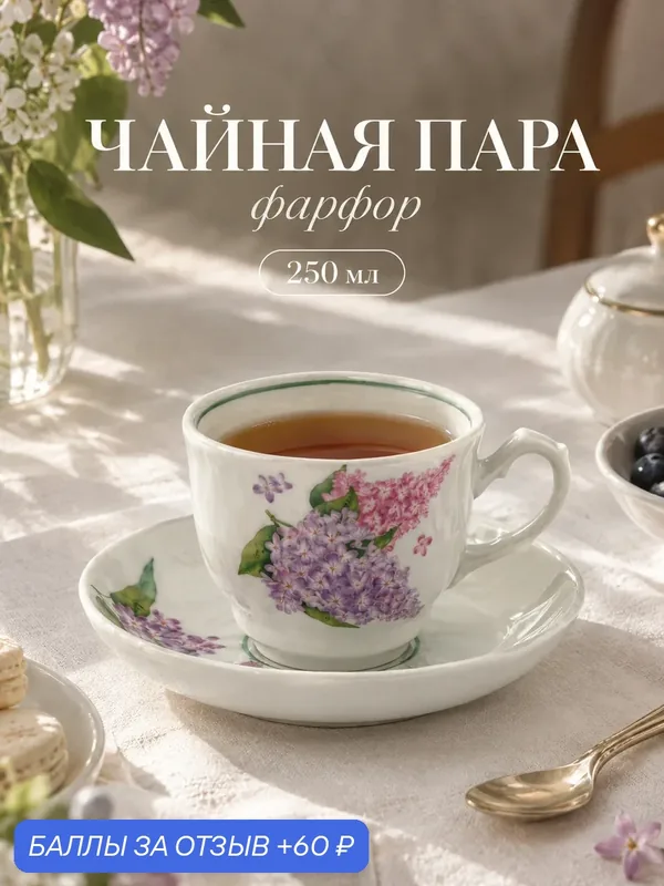 Чайная пара Добрушский завод «Сирень», 2 предмета: чашка 250 мл, блюдце d=15 см, фарфор, белая — Добрушский фарфоровый завод, 60 баллов за отзыв Яндекс Маркет