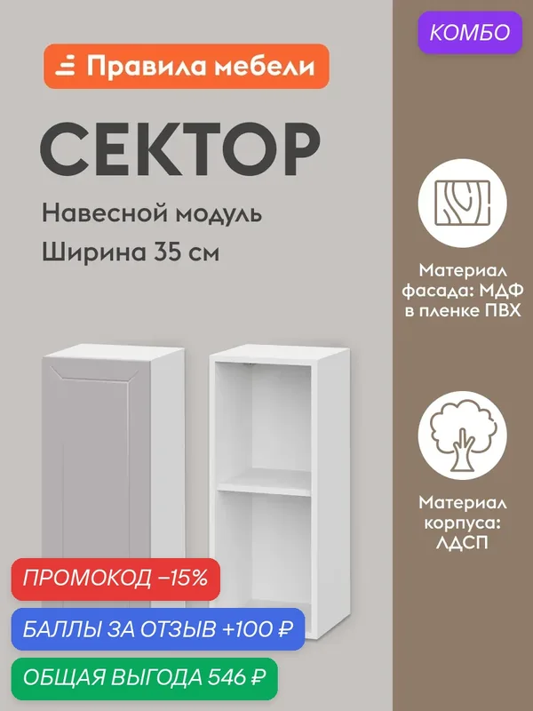 Кухонный модуль навесной, шкаф Сектор с доводчиками, с полками, 35х29.6х72 см, Белый / Нео — Правила мебели, промокод и 100 баллов за отзыв Яндекс Маркет