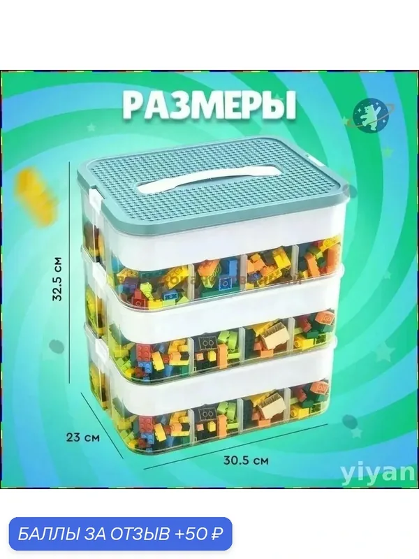 Ящик для хранения, синий, пластиковый, 3 секции, с ручкой, 48 отсеков — 50 баллов за отзыв Яндекс Маркет