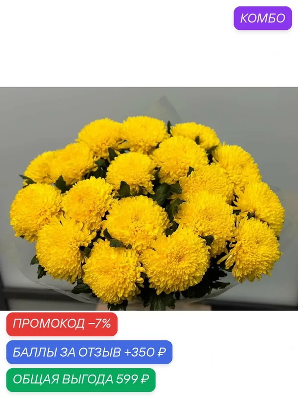 Монобукет wowflo "Антонов", хризантема, 9 шт, высота 70см, желтый — wowflo, промокод и 350 баллов за отзыв Яндекс Маркет