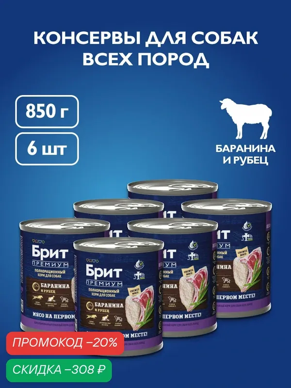 Влажный корм для собак, консервы с бараниной и рубцом, 850 г х 6 шт Брит Премиум — Брит, скидка по промокоду Яндекс Маркет