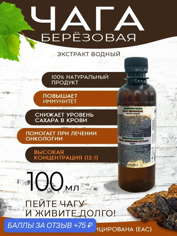 Экстракт чаги березовой, жидкий, водный, 12:1 от чага ФУД, 100 мл — Чага Фуд, 75 баллов за отзыв Яндекс Маркет
